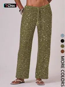Women's Bohemian Style Beach Pants, Elegant Summer Sequined Long Trousers, Fashionable Holiday Wear, Ladies' Casual Fitted Womenswear, Chic Casual Trousers