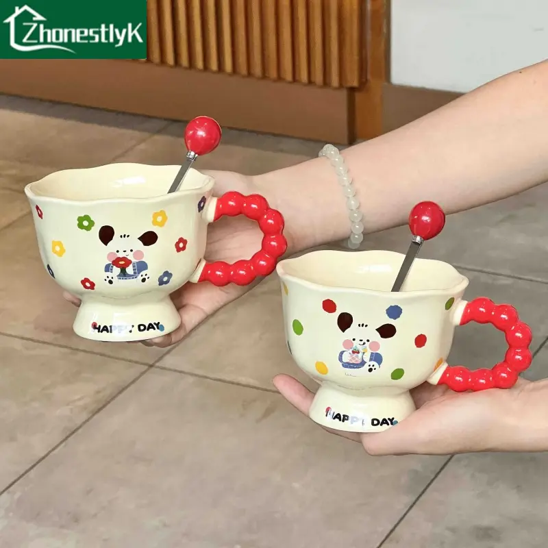 Creative Pearl Handle Goblet Mug Colorful Wave Edge Ceramic Cup Cartoon Dog Kawaii Tea Cup Aesthetic Desk Accessories For Women