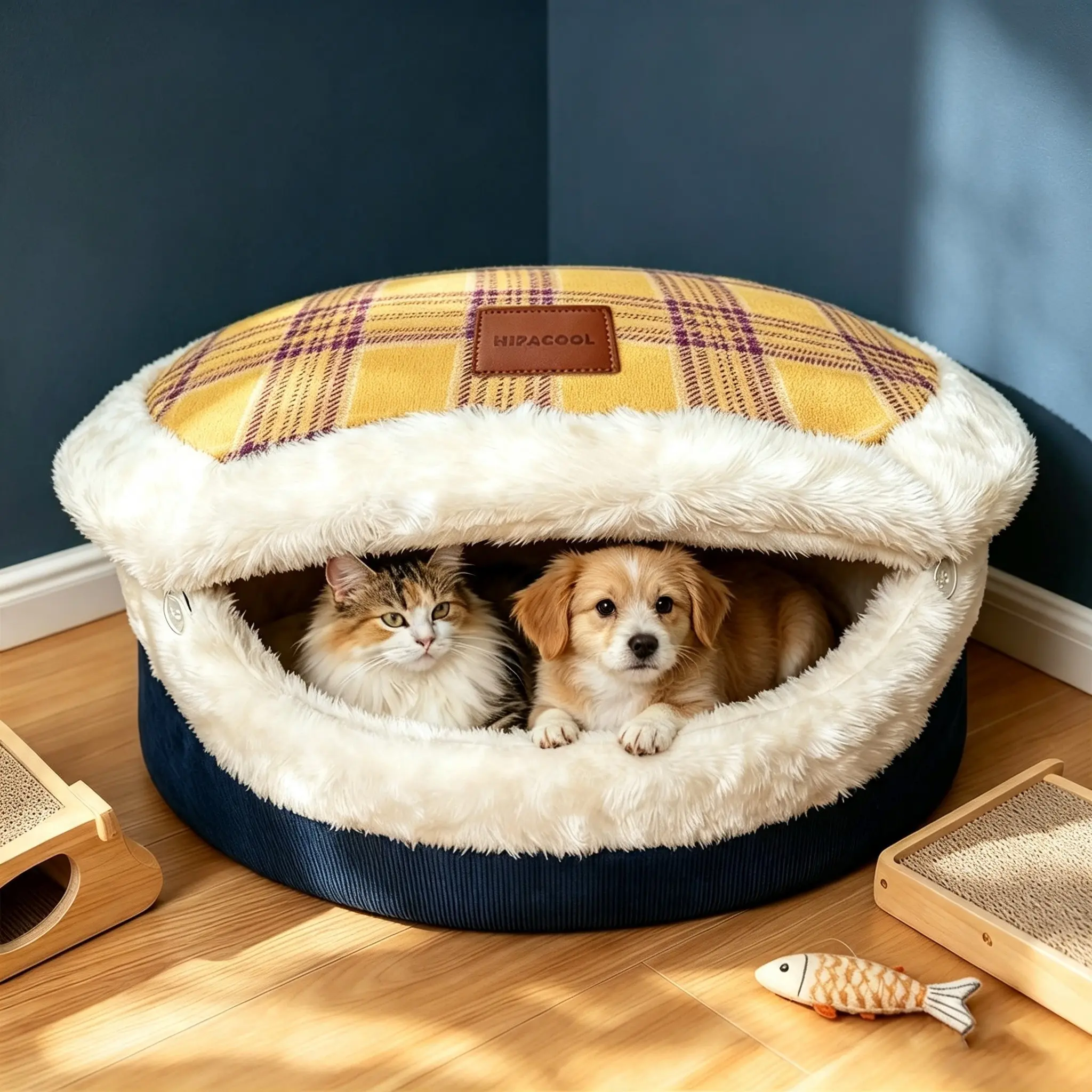 Hamburger Shape Closed Pet House, Washable Plush Warm Pet Bed, Dual‑Use Bed for Small Cats & Dogs, Suitable for Indoor Kittens, Puppies & Small Pets, 45cm Diameter