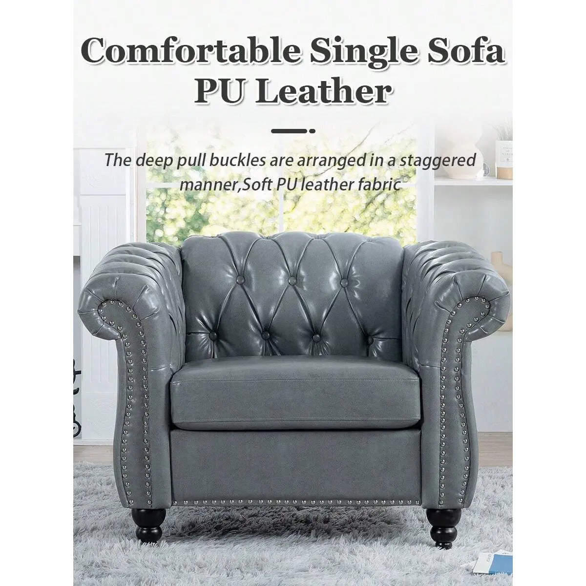 Traditional PU Leather Chesterfield Armchair with Rolled Arms, Armrest, Tufted Cushions, Nailhead Trim, Mid-Modern Deep Seat Lounger, Assembly Required, Living Room/Office Reception Accent Chair