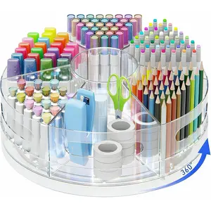 360° Rotating Acrylic Desk Organizer with 7 Removable Compartments, Extra-Large Clear Pen Holder for Office Supplies, Markers and Art Supplies
