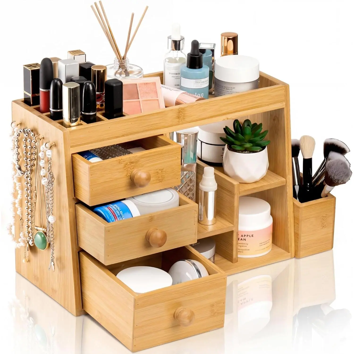 Large Countertop  Makeup Organizer with 3 Drawers, 12-Grid Lipstick Holder,   Hooks, Makeup Brush Holder, Desktop   Organizer Stand for