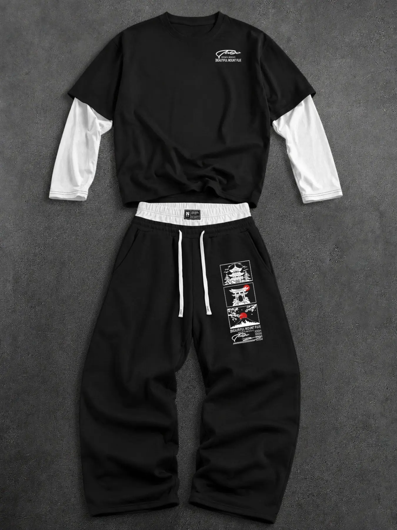 Japanese Aesthetic Streetwear 2‑Piece Set For Men Vintage Panel Art Print Long‑Sleeve Top And Full‑Length Sweatpants Crew Neck Side Pockets Regular Fit For Teen Boys Daily OOTD Casual Street Outfit