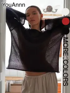 Women's Hollow Out Knit Sweater, Spring Summer New Arrival, Thin Round Neck Flare Sleeve Loose Long Sleeve Top, Comfortable Breathable