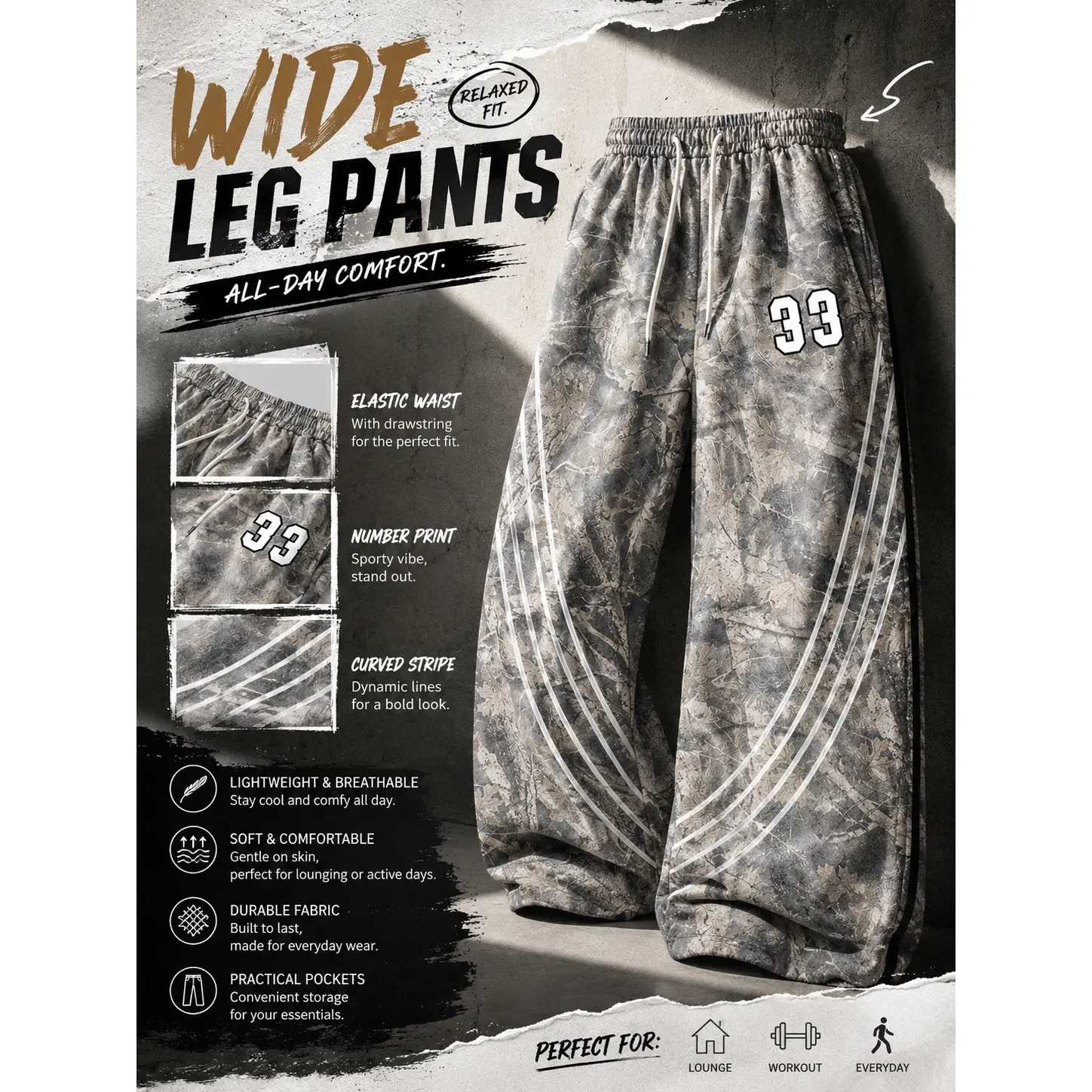 Jungle leaf camouflage wide-leg sweatpants with curved white line numbers, loose and casual street style, breathable and versatile for commuting and leisure