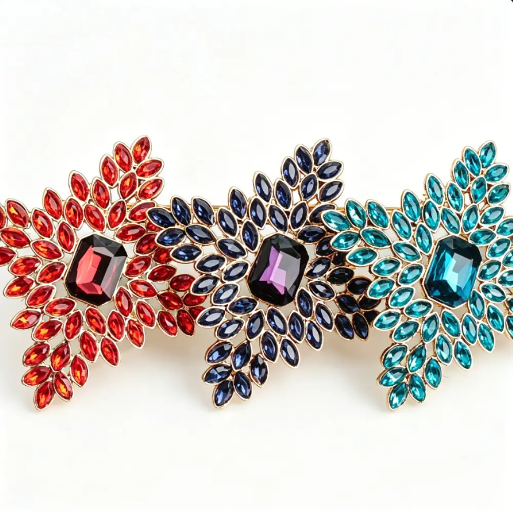 3 Styles Leaf Brooch Gold Frame Marquise Shape Crystal Red Dark Blue Teal Color Vintage Corsage Pin Set