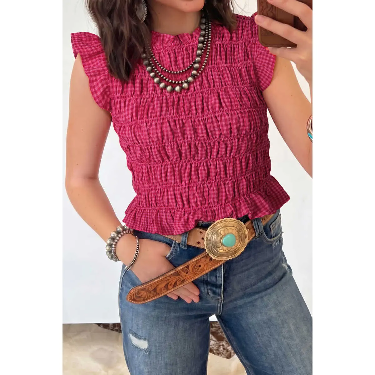 Women's Chic Polyester Plaid Shirred Bodycon Tank Top - Ruffle Trim, Sleeveless Comfortable Casual Summer Camisole, Round Neck, Classic Plaid, Flattering Fit