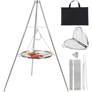 Campfire Tripod Grill  Cooking, Durable Stainless Steel Camping Fire Tripod Grill with Round Grate and Carrying Bag  Outdoor BBQ, Silver