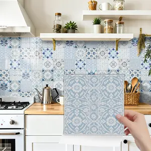 24PCS NHZ Vintage Blue White Moroccan Floral Tile Stickers, Glossy PVC Crystal Film Self Adhesive Wall Decals, Waterproof Oilproof, Removable No Residue for Kitchen Bathroom Bedroom Home Decor