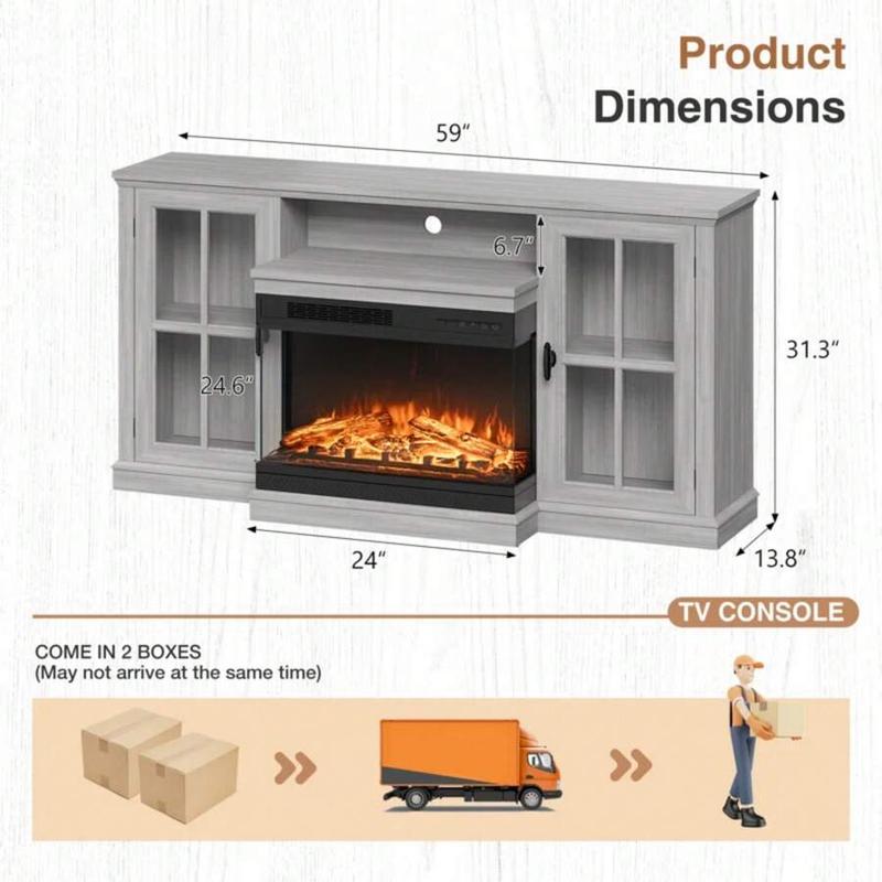 Modern 3-Sided Glass Fireplace TV Stand, Fits Up to 65" TVs, Media Entertainment Center with Cabinet Storage & Adjustable Flame Color