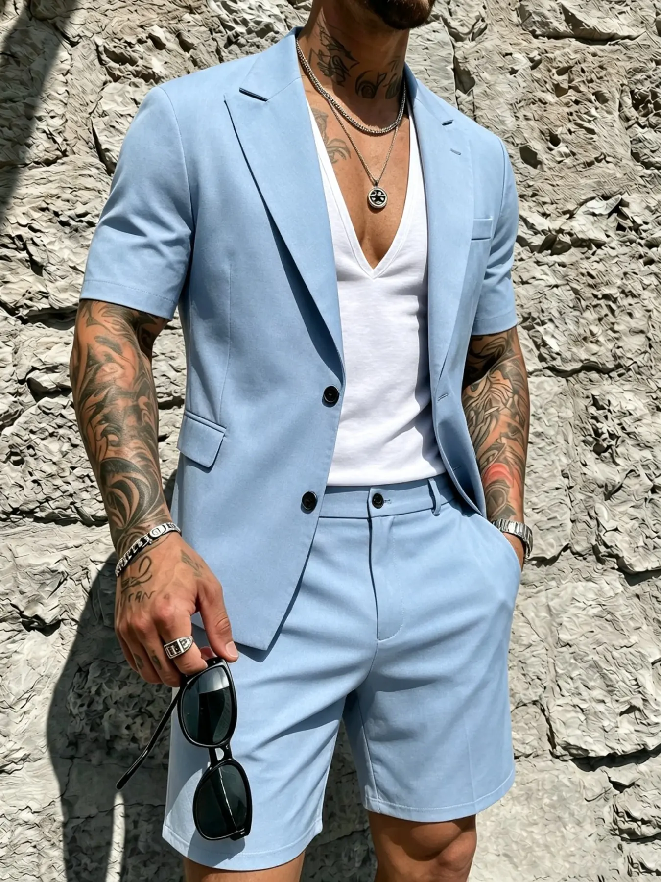 Men's suit set featuring a short-sleeve shirt and shorts; a smart-casual ensemble with a sharp, tailored cut. Crafted from high-quality, easy-care fabric that holds its shape—perfect for practical, everyday casual wear. Shorts Sets Outfits