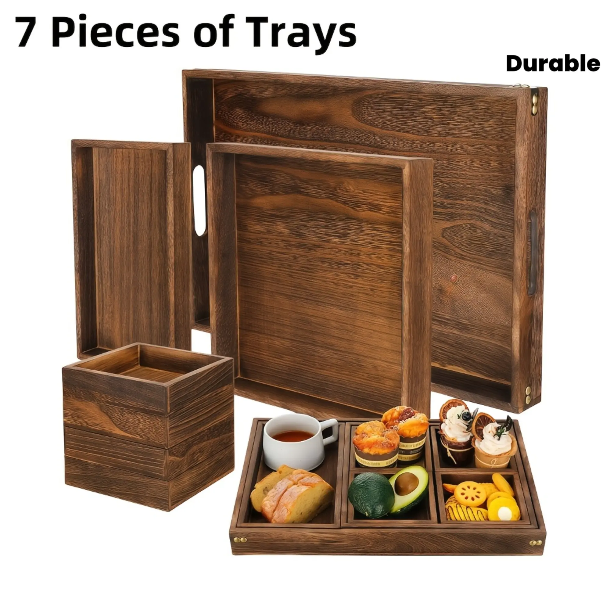 7-Compartment Solid Wood Tray, Rustic Rectangular Serving Tray with Handles, Vintage Elegant Platter for Fruits, Snacks, Tea, Coffee and Desserts, Durable Decorative Tray for Kitchen, Living Room, Party and Daily Use