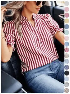 Casual Striped V-Neck Blouse, Bubble Sleeve Stand Collar Ruffle Hem, Comfortable Fabric, Summer Women's Clothing, Multicolor Options
