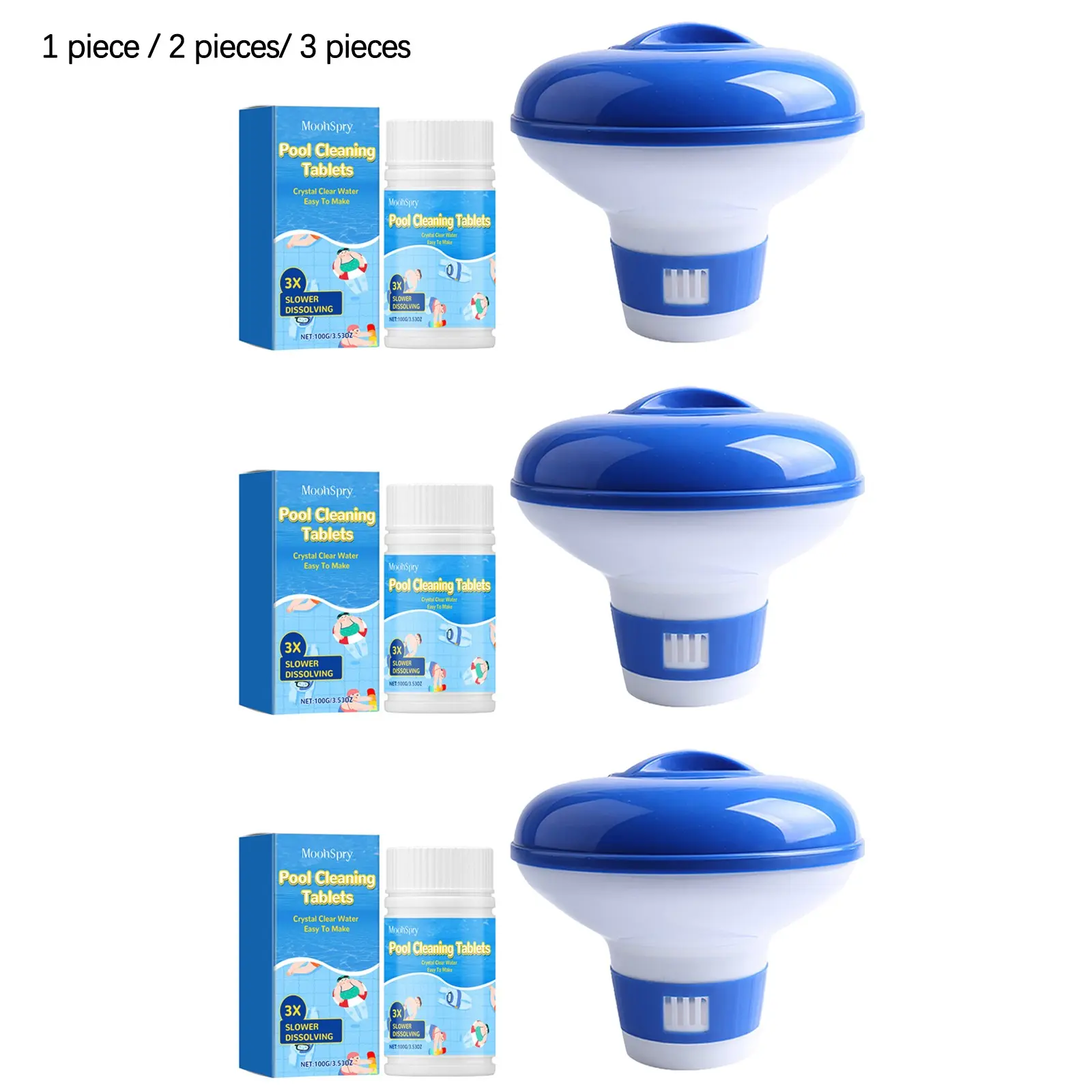 Pool Cleaning Tablets + Dispenser Set, 100g Tablets with Dispenser, Quick Dissolve, Odorless, Multi-Purpose Pool Care, Clear Water Treatment
