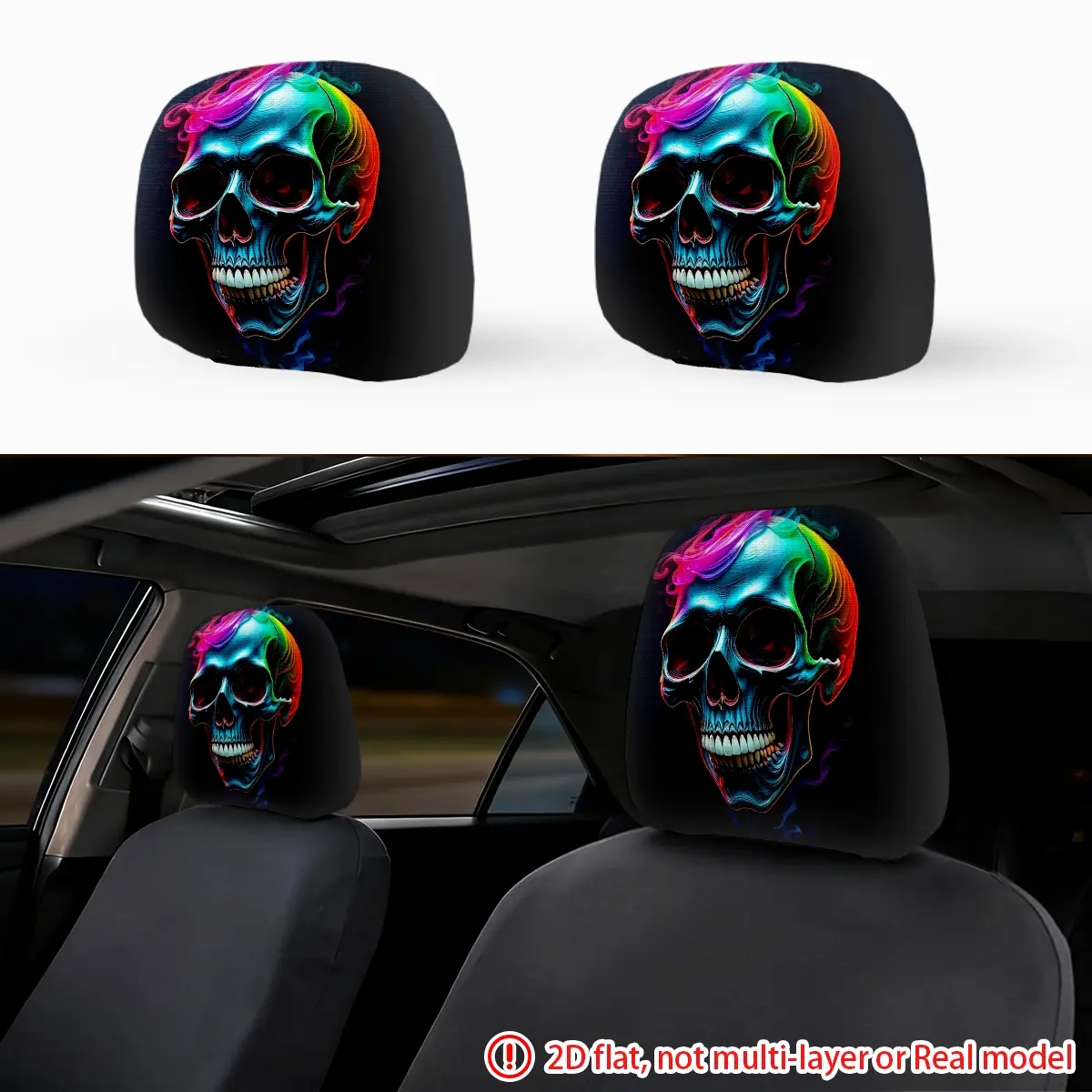 2pcs Neon Colorful Skeleton Head Car Headcase Pillowcase Car Interior Headcase Universal Suitable, Creative Car Decoration Gift