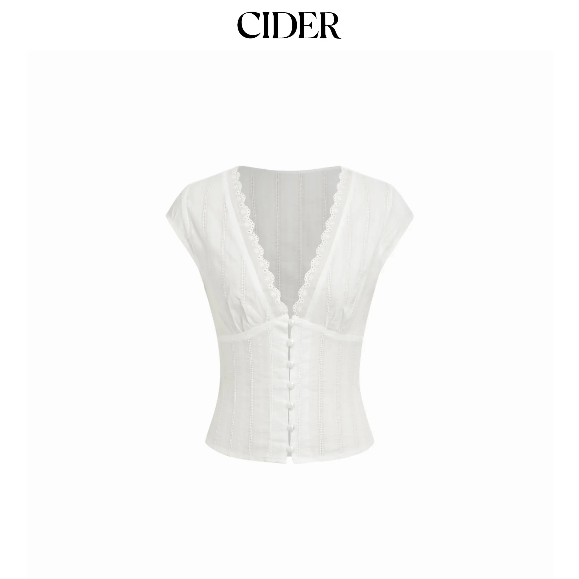 Cider Textured V-neck Short Sleeve Lace Trim Pearl Button Blouse