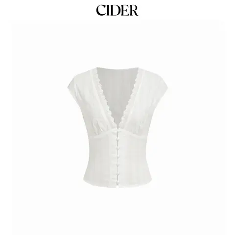Cider Textured V-neck Short Sleeve Lace Trim Pearl Button Blouse