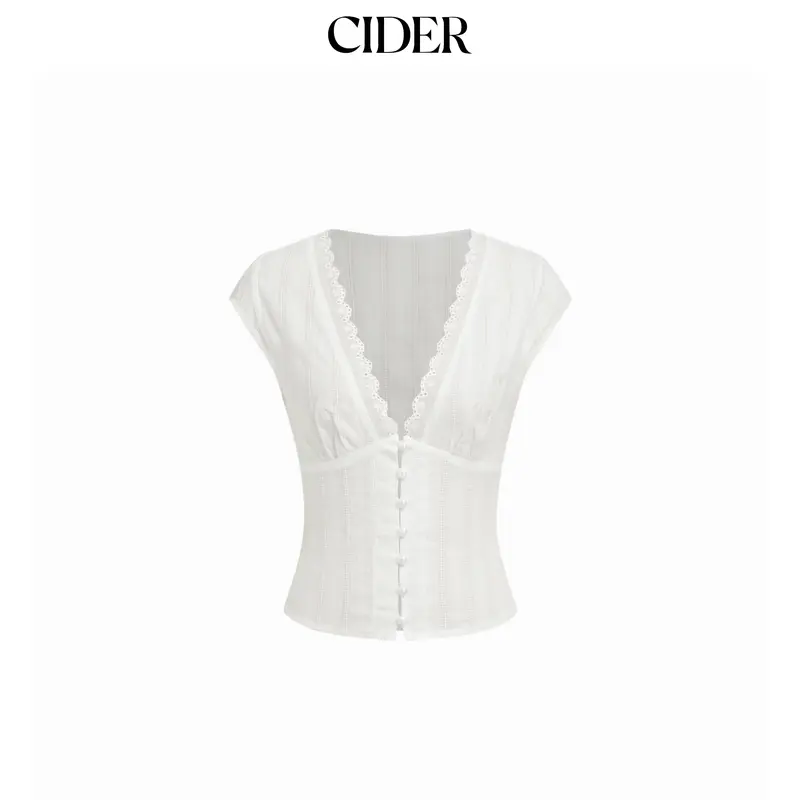 Cider Textured V-neck Short Sleeve Lace Trim Pearl Button Blouse