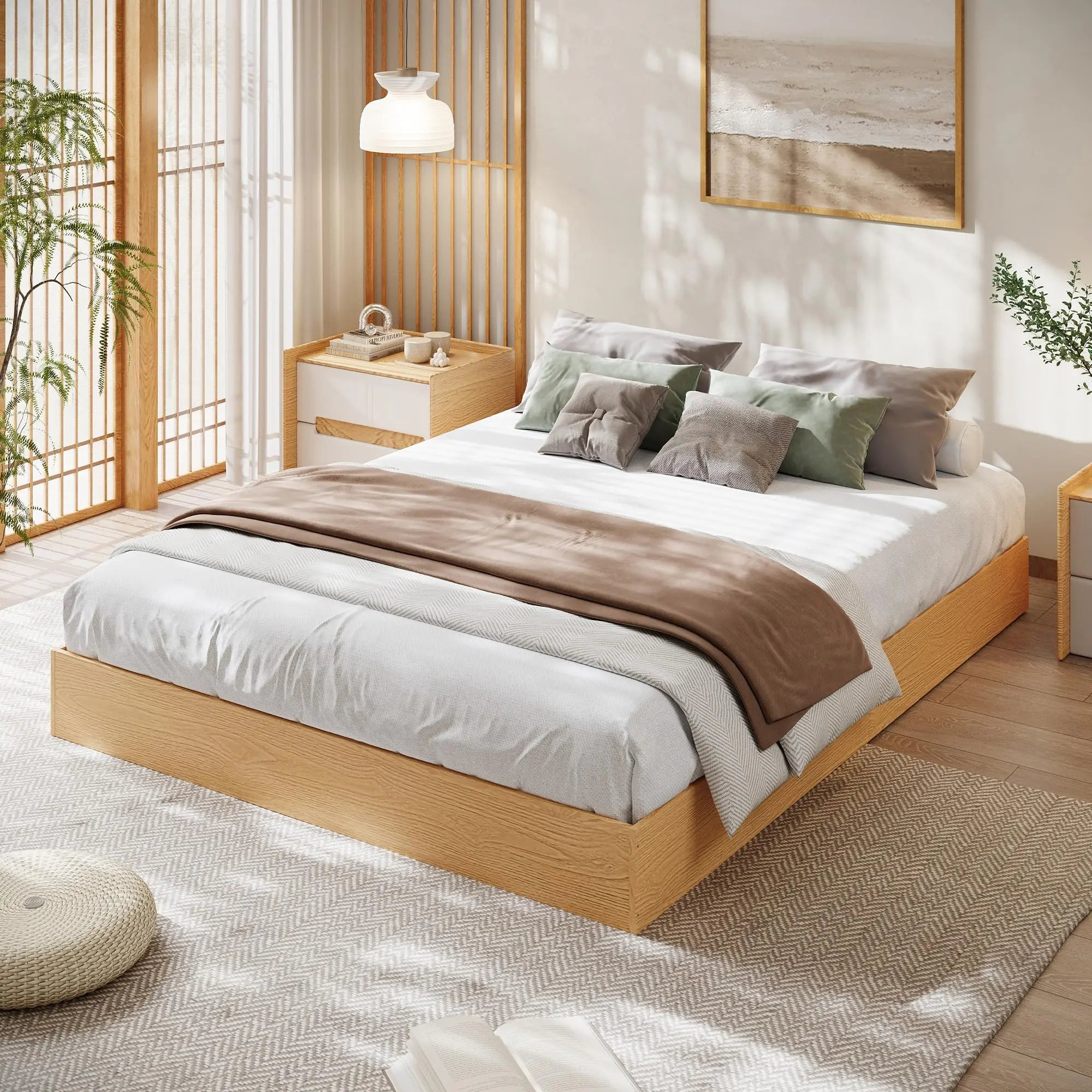California King Solid Wood Platform Bed, Modern Minimalist Bed Frame with Strong Wooden Slats, Noise-Free Design Space-Saving Floor-Standing Bed, No Box Spring Needed, Easy Assembly