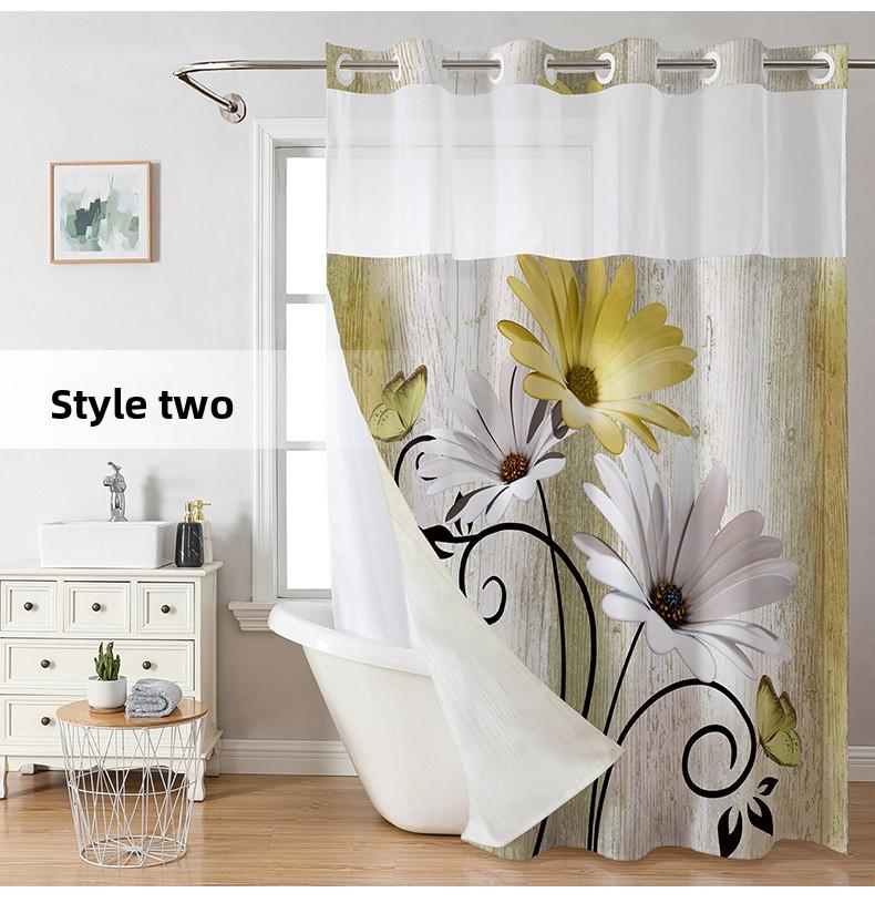 3D Digital Printing Blue Daisy Double Layer Shower Curtain Polyester Waterproof and Mildew Proof Bathroom Partition Curtain
