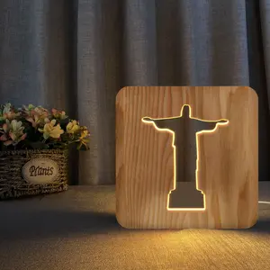 Solid Wood Hollow Cross 3D Night Light Creative Bedside LED Glowing Atmosphere Light Event Gift Christian