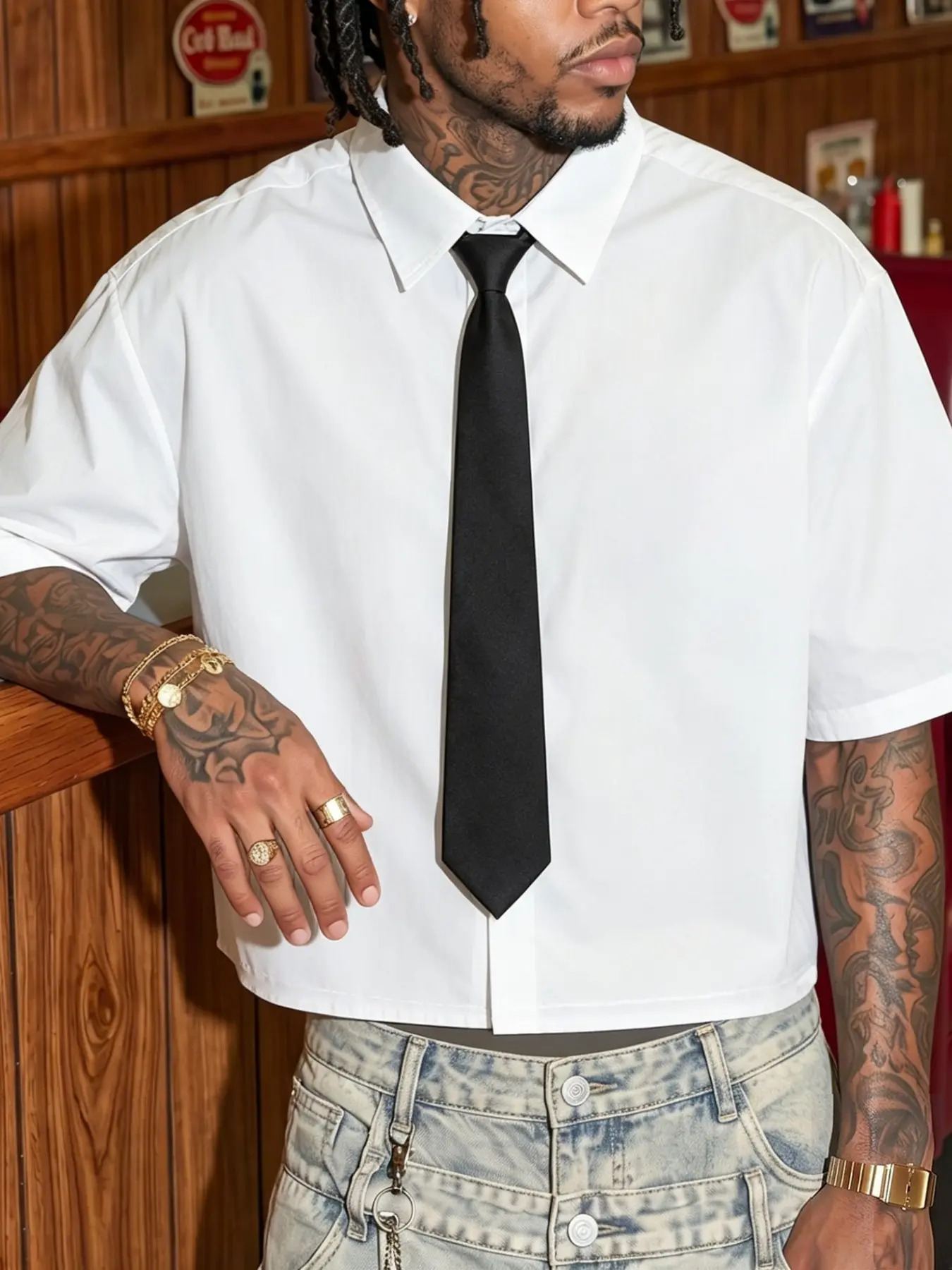 Men's Summer College Style Short Sleeve Shirt with Tie, Oversized Loose-Fit Top, Casual Wear for Campus & Commute