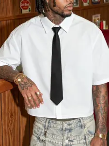 Men's Summer College Style Short Sleeve Breathable Shirt, Tie, Loose Fit, Casual Daily Wear, Campus, Commute Top, Long Sleeveless Design