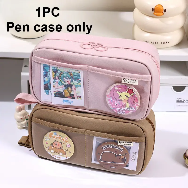 180° Flat Transparent Cartoon Pencil Case, Large Capacity Multi-Layer Student Stationery Bag, Flip Cover Pencil Organizer