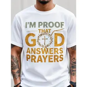 Men's T-Shirt "I Am an Answer to Prayer" with Crown and Cross - Gold Letters, Ultra Soft Breathable Fabric, White/Black Crew Neck Short Sleeve Shirt