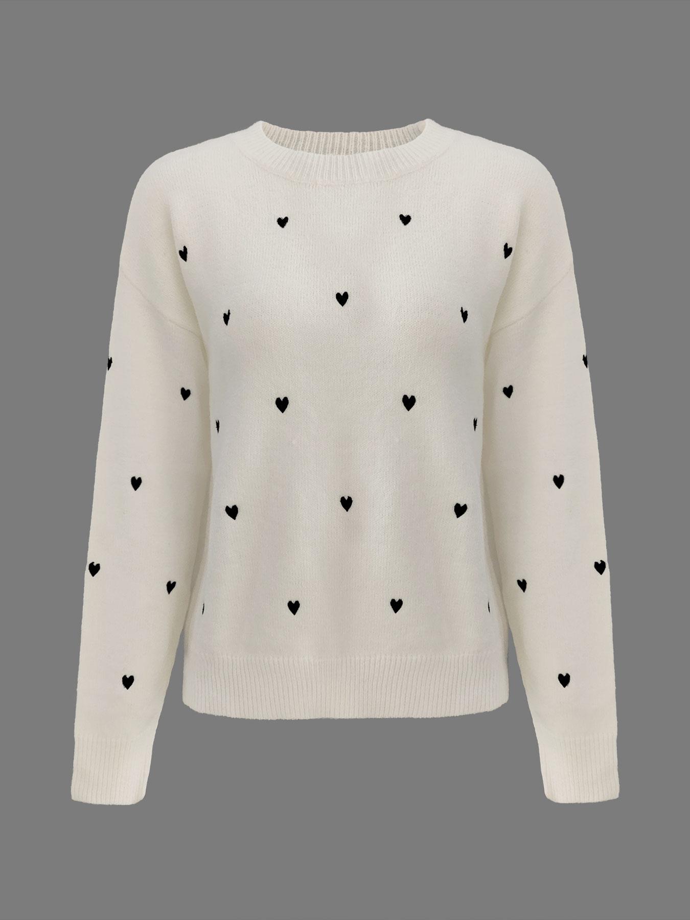 Women's Heart Embroidery Drop Shoulder Sweater, Casual Long Sleeve Round Neck Jumper for Fall & Winter, Fashion Ladies' Knitwear for Daily Wear