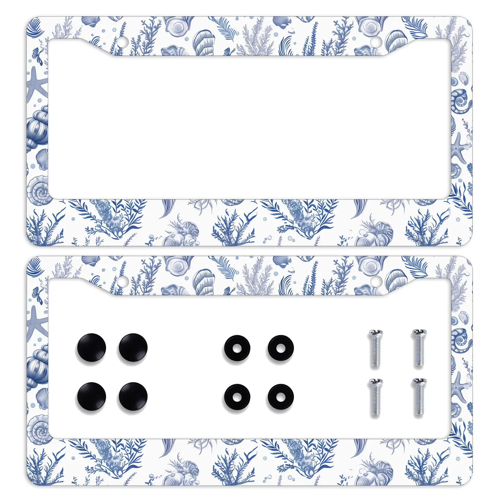 Beautiful Vintage Seashell License Plate Frame 2 Pack, Retro Ocean Conch Starfish Car Tag Holder, White Aluminum Novelty Beach Marine Life Auto Plate Covers for Front Rear Plates with Screws Caps