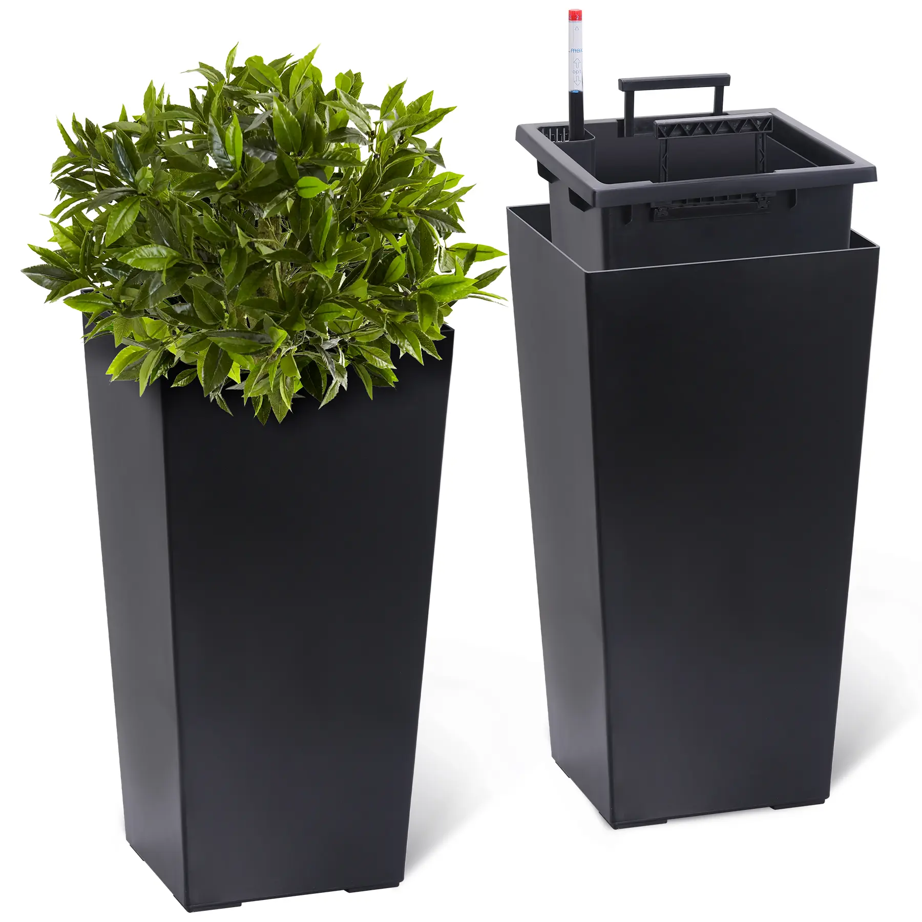Black Tall Diamond Planter 2-Piece Set (22.5"), Self Watering Design Equipped with Detachable Inner Bucket, Drainage Openings, Water Level Monitor and Mobile Wheels, Great for Indoor and Outdoor Greenery