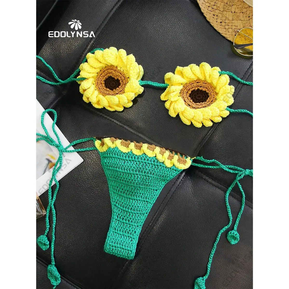 Women's 2-Piece Boho Crochet Sunflower Bikini Set - Halter Top with Hollow Out, Backless Design, Tie Side Thong Bottoms, Polyester Swimwear, Standard Sizes, Beach Use
