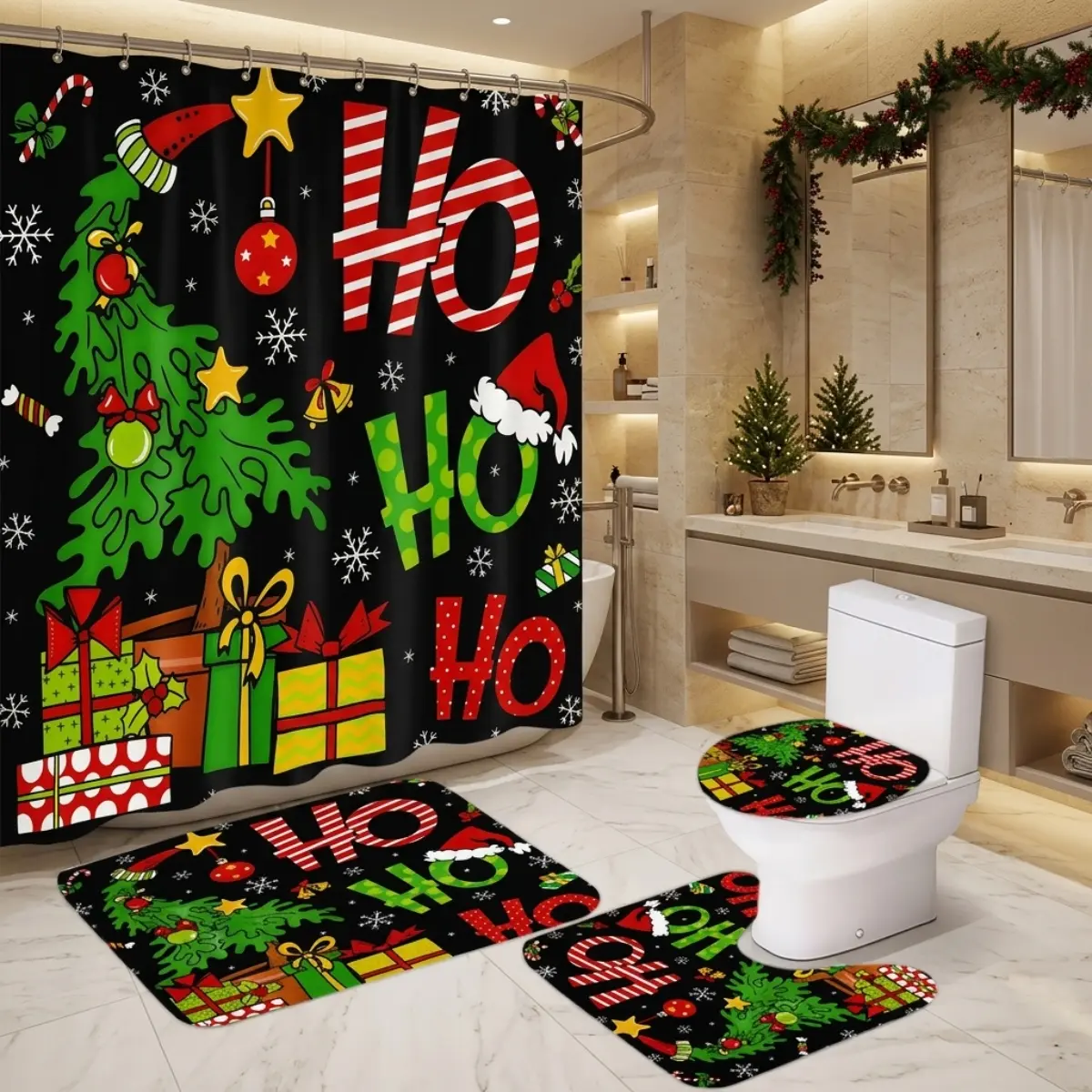 4pcs Christmas Bath Curtain Set, Candy Cane Ho Ho Ho Pattern with Santa Gifts Snowflakes Stars Holiday Bathroom Decor, TikTok Shop Trending Xmas Home Style