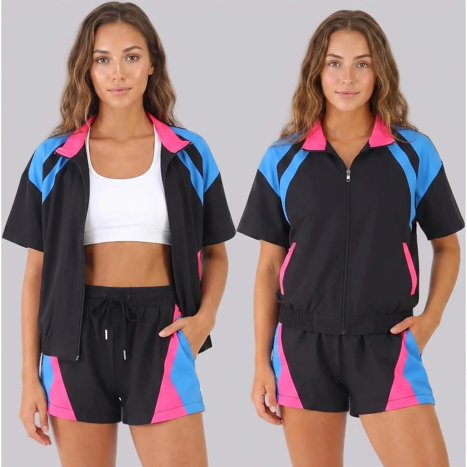 Women's 80s-90s Color Block 2-Piece Short Sleeve Zip-Up Windbreaker Tracksuit Set Costume, Female Trackwear