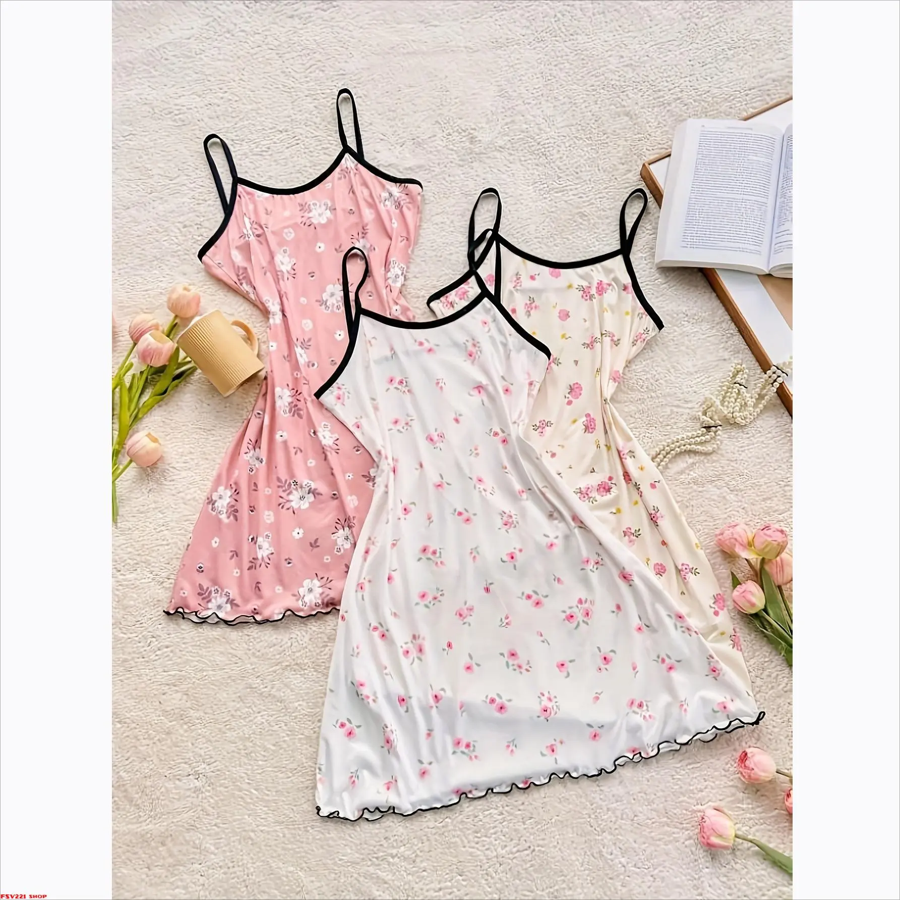 Women's 3-Pcs Thin Adjustable Floral Print Cami Nightwear Set, Lace Trim Spaghetti Strap Mini Slip Dresses, Soft Loungewear Sleep Pieces