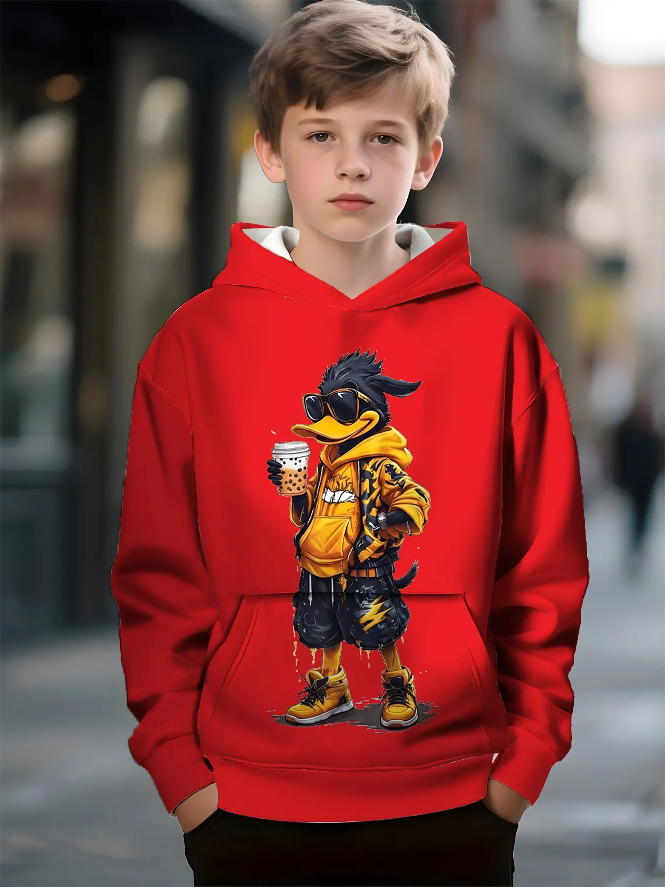 Boys' 3D Cartoon Print Hoodie, Casual Street Style, Loose-Fitting Full-Print Long Sleeve Sweatshirt, Fall & Winter Clothing