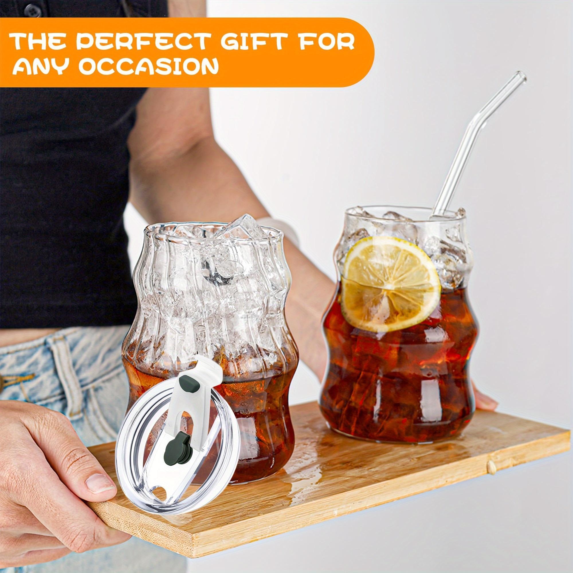 Glass Cup with Straw & Lid, 4/6 Counts Glass Cup Set Portable Clear Ripple Glass Cup with Cleaning Brush, Summer Cool Bottle Drinking Cup for Coffee, Latte, Water, Macha, Juice, Ribbed Glass Cup #TOP PICKS