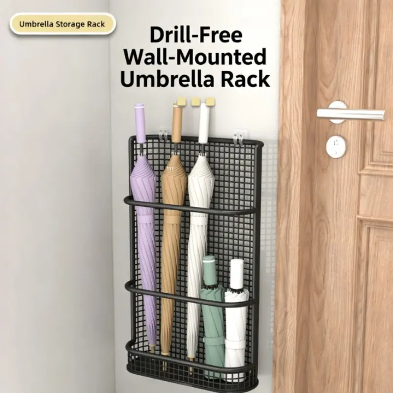 Wall-Mounted Umbrella Rack, No Drilling, and Iron Grid Design, Ventilated Dry Storage, Easy Installation, Entryway Use