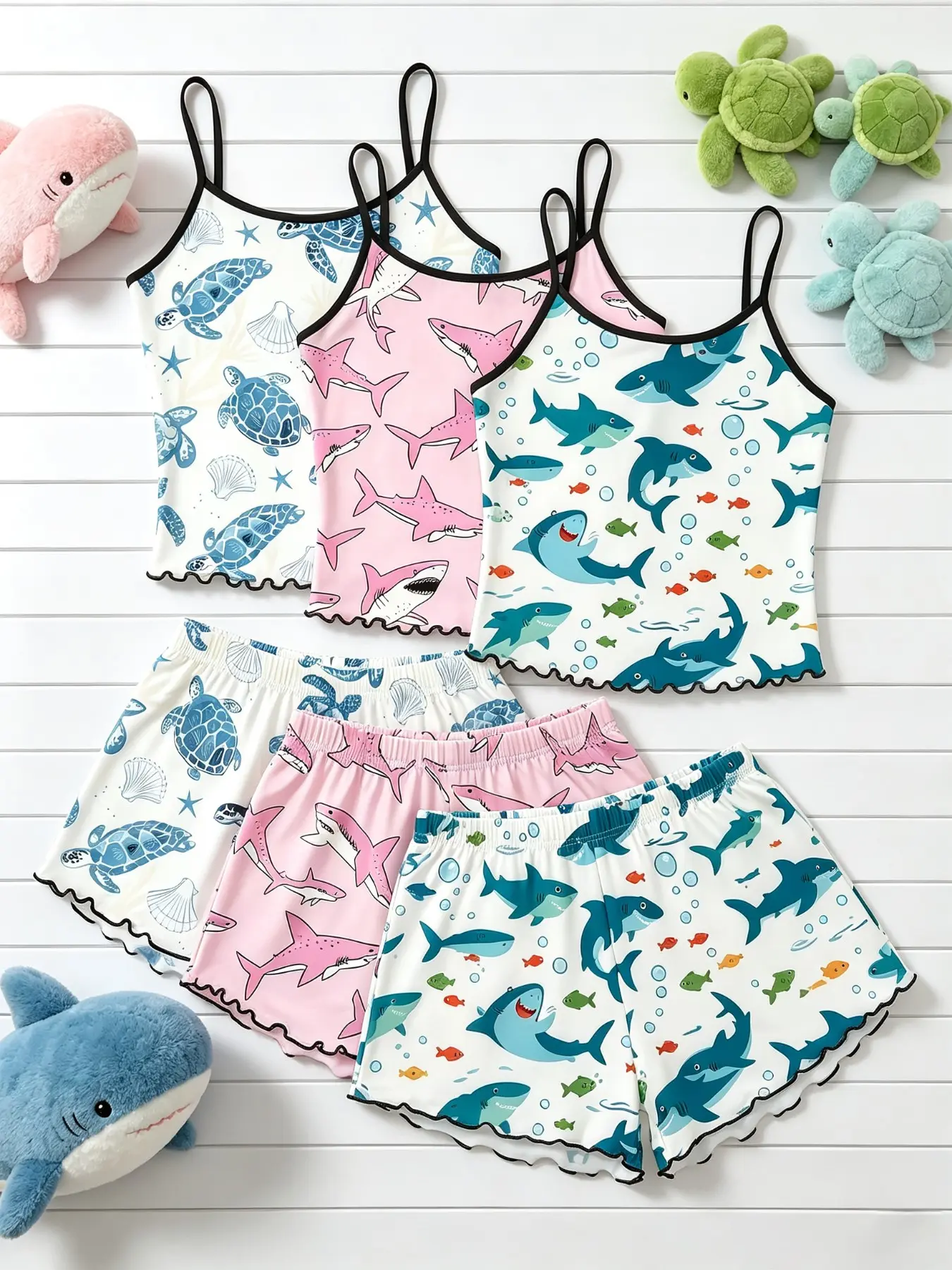 Women's Sleepwear 6 Pack Value Matching Set Shark Sea Turtle Ocean Fish Print Summer Spaghetti Strap Lettuce Ruffle Hem Contrast Trim Soft Breathable Lightweight Stretchy Cami Top Shorts Home Lounge Casual Daily Wear Multipack Sleep Set