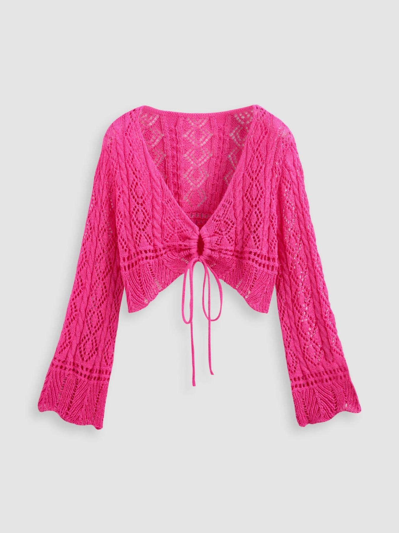 【Plus Size】 Hollow Out Drawstring Sheer Cardigan, Casual Flounce Sleeve V Neck Knitwear Top for Spring & Fall, Women's Plus Clothing for Daily Wear