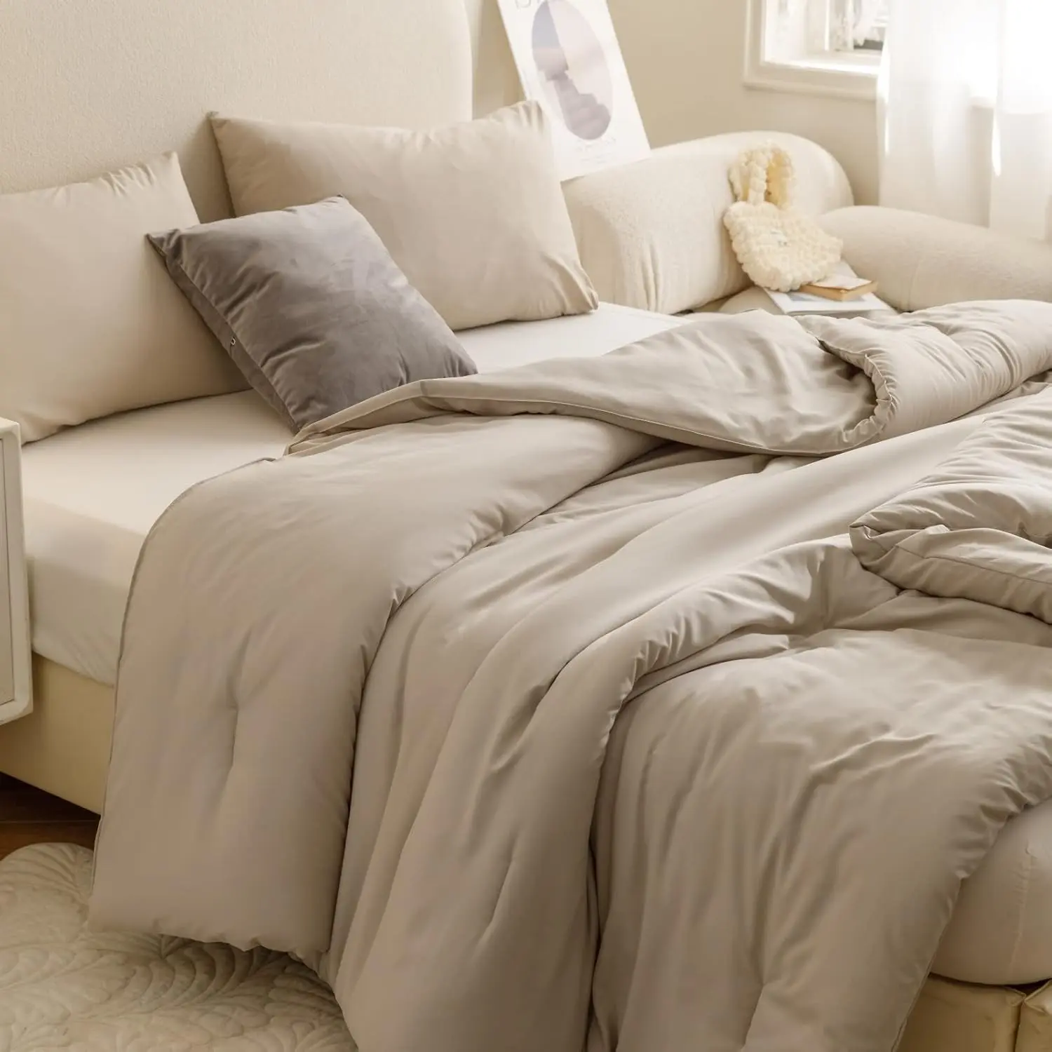 Queen Comforter Set Oatmeal, 3pcs(1 Boho Oatmeal Comforter & 2 Pillowcases) All Season Soft Bedding Lightweight Bedspread Blanket Quilt