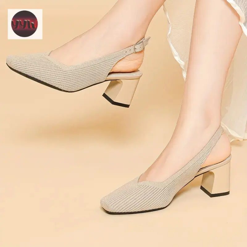 YYW1 Women's Solid Color Chunky Heel Sandals, Breathable Knit Square Toe Dress Pumps, Comfortable Strap Slingback Heels