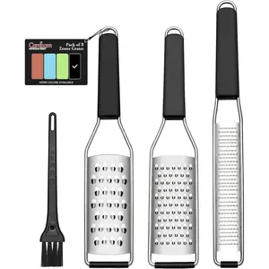 Lemon Zester Grater Three-piece Suit - Heavy Duty Kitchen Tool for Parmesan Cheese, Ginger, Garlic, Nutmeg, Chocolate, Vegetables, Fruits, Stainless Steel Dishwasher Safe Black
