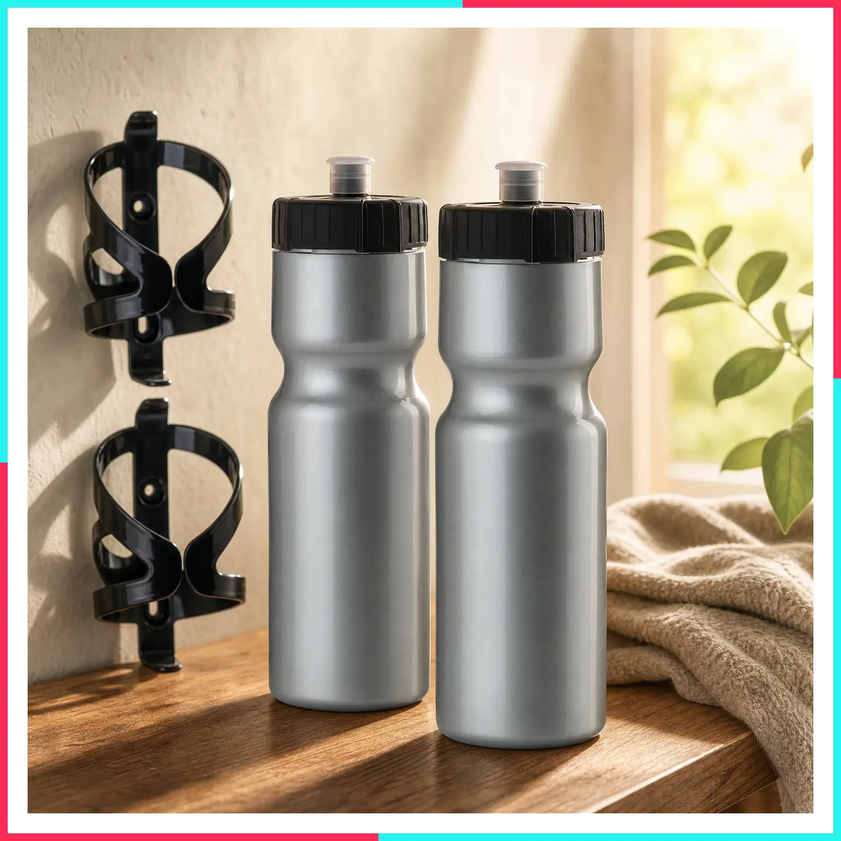 Bike Water Bottle Holder & Bottle Combo – 2-Pack 22 oz Sports Squeeze Bottles with Pull Top Cap & Easy-Install Bike Cage – Made in USA