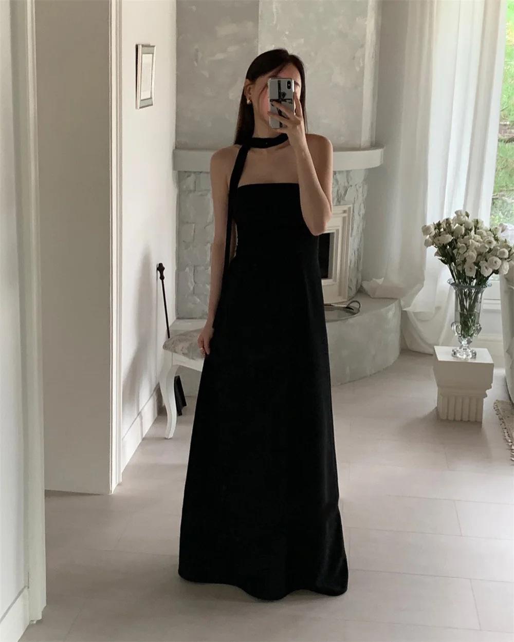 Black Strapless Korean Minimalist Evening Dress – High-End Banquet Gown, Slimming Forest Light Wedding Dress for Women, Birthday Ceremony