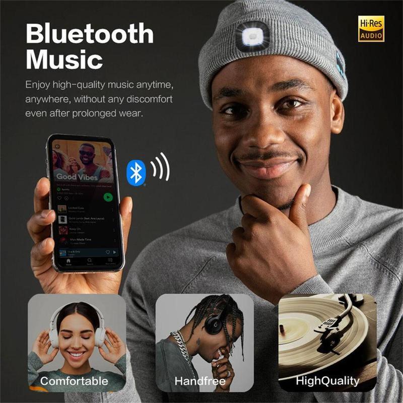 Bluetooth Beanie Hat with Light, Unisex USB Rechargeable Wireless Beanie Cap LED Headlamp Hat Music Hat with Headphones, Christmas Birthday Gifts for Men & Women, Black