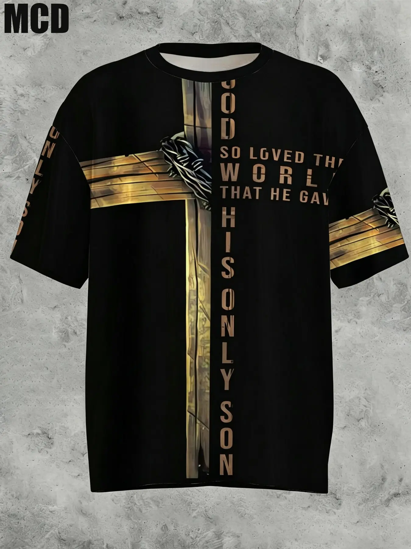 Mcd Base 3D Print T-Shirt, Golden Wooden Thorn Cross, Biblical Quotes, Casual Loose Fit, Unisex Christian Tee, Short Sleeve