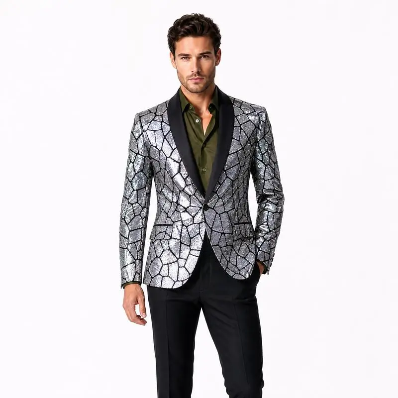 Men's Silver Crackle Sequin Polyester Tuxedo Jacket - Sparkly Shawl Collar Blazer, Unique Pattern Party Wear Formal Coat for Wedding, Nightclub Events, Sequin Shine