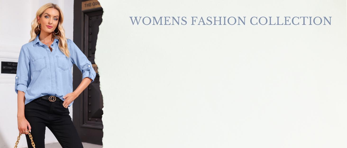 FMEYOA Women's Button Down Denim Shirt Casual Collared Long Sleeve Pocket Blouses